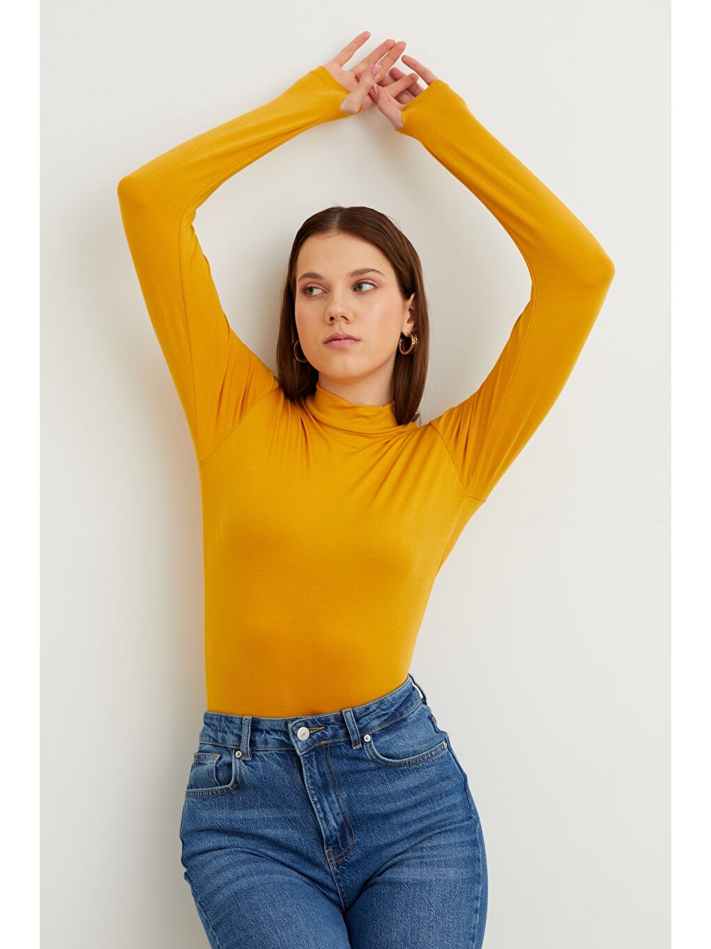 Sarı Kadın Hardal Parmak Detaylı Body-1