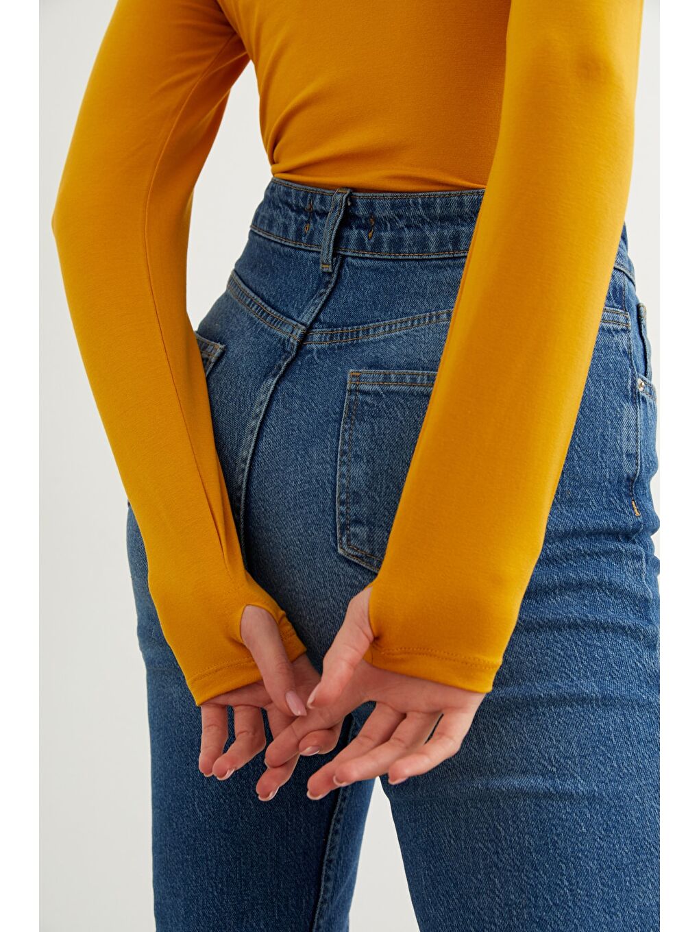 Sarı Kadın Hardal Parmak Detaylı Body-2