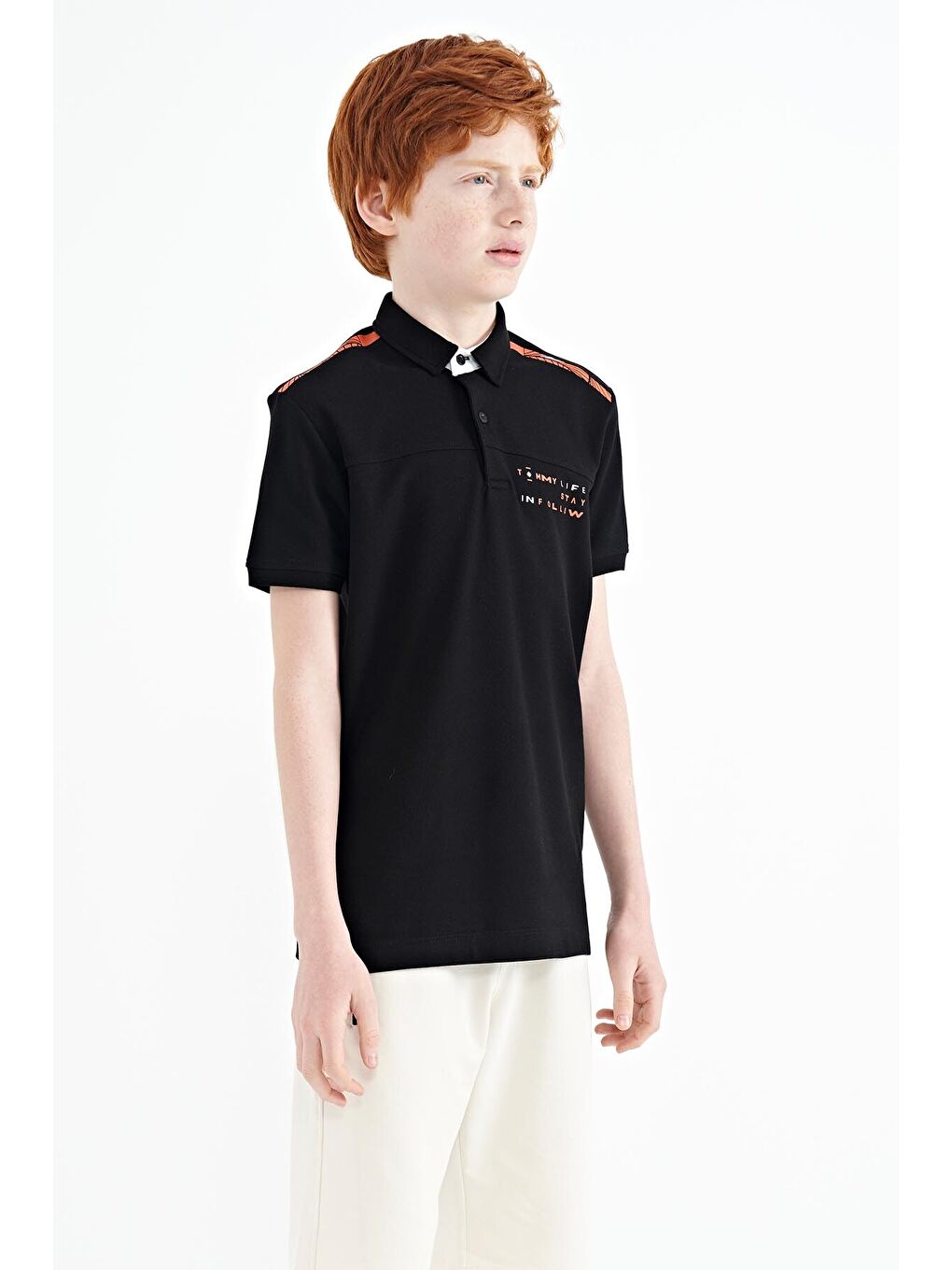 Siyah Baskı Detaylı Standart Kalıp Polo Yaka Erkek Çocuk Tişört - 11140-4