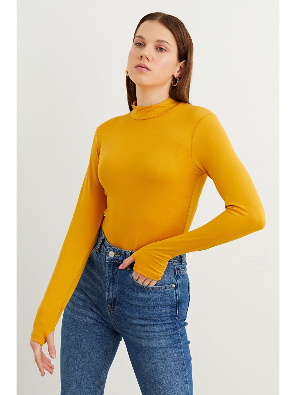 Sarı Kadın Hardal Parmak Detaylı Body-3