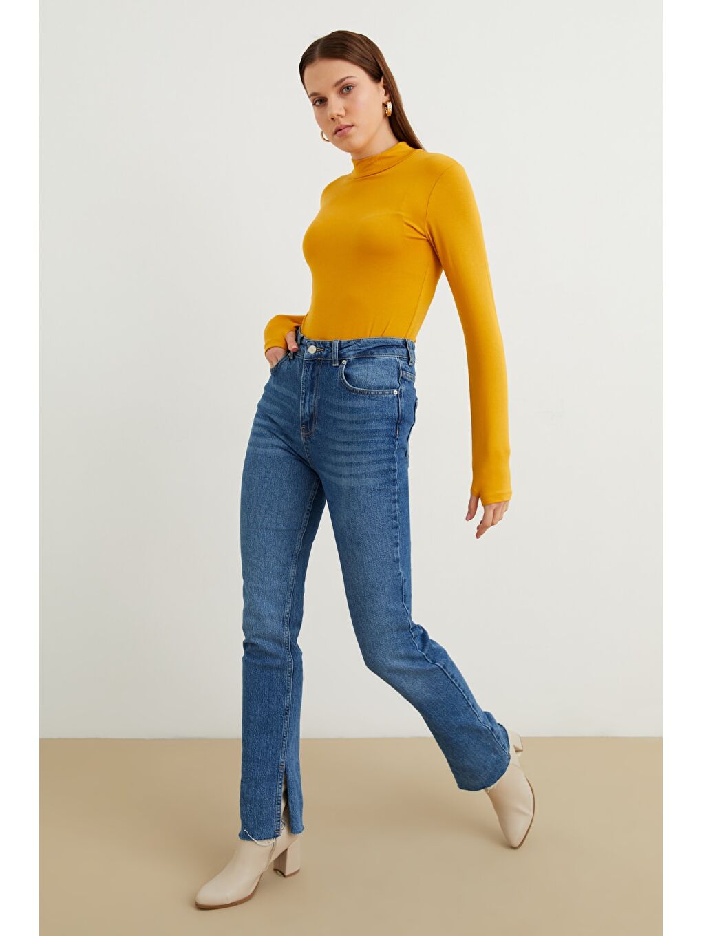 Sarı Kadın Hardal Parmak Detaylı Body-4