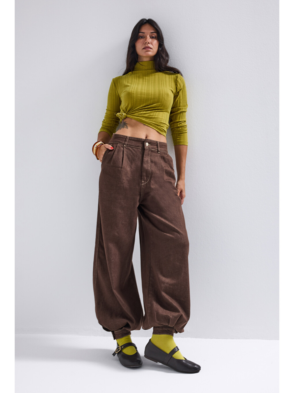 Kahverengi Kadın Kahve 1w6-16 Jogger Ballon Fit Bol Kesim Denim Jean-1