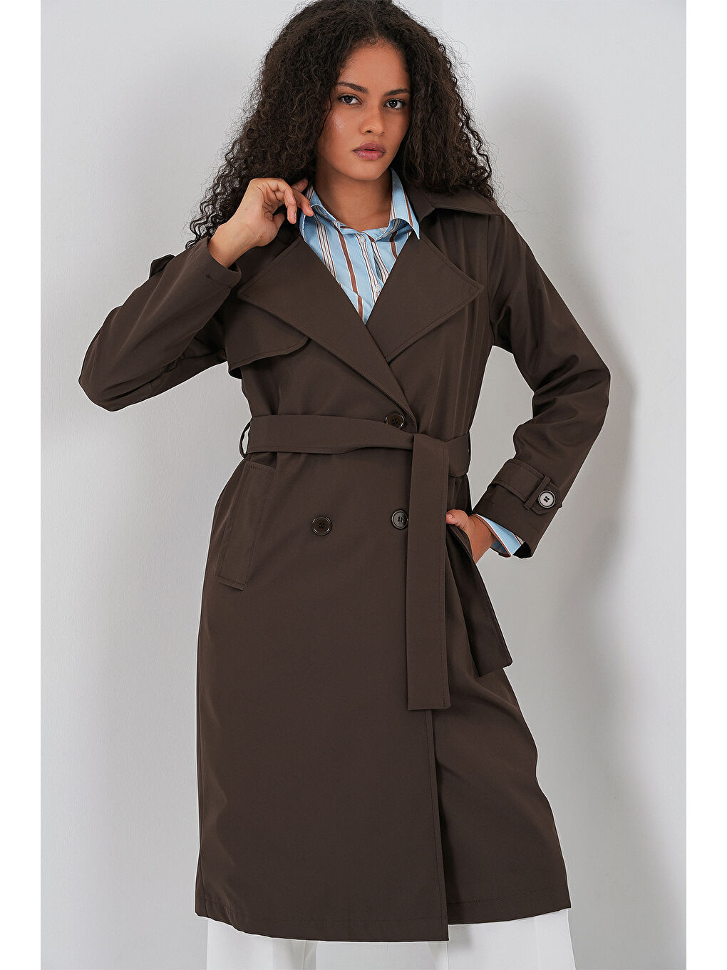 5918 Kruvaze Yaka Trençkot - C. Kahverengi