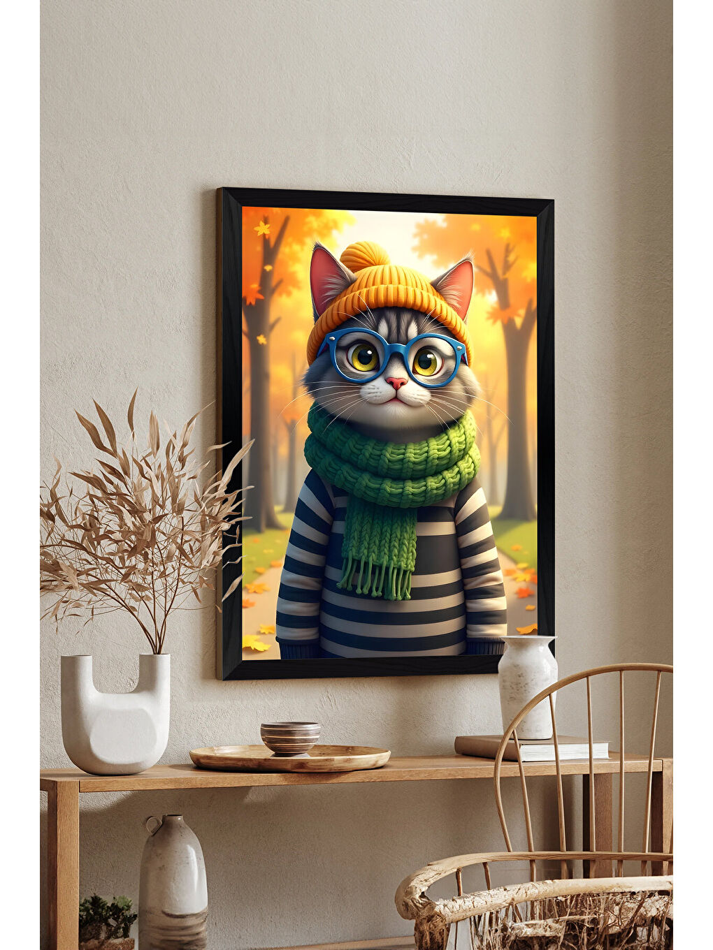 Beyaz Tek Parça Siyah Çerçeve Görünümlü Kedi Baskılı MDF 20x30 cm Tablo - Model 18