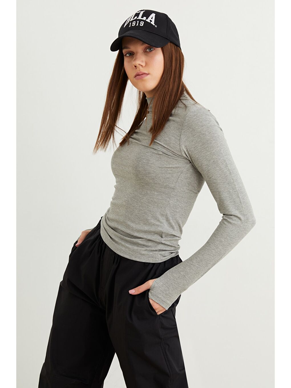 Kadın Açık Gri Parmak Detaylı Body-1