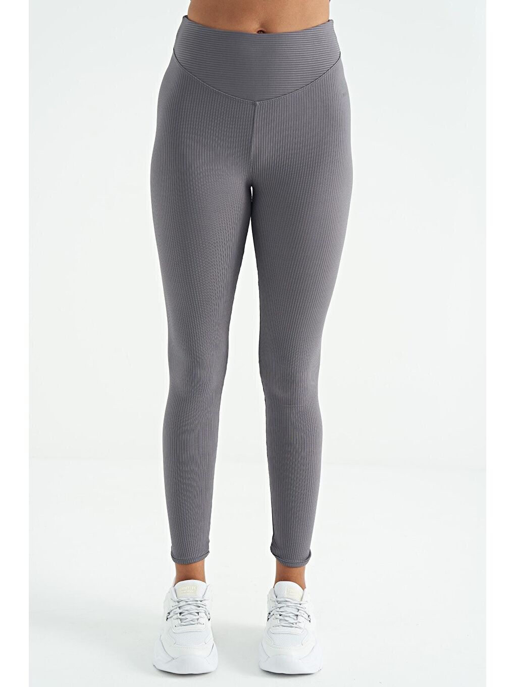 Koyu Gri Biye Detaylı Yüksek Bel Slim Fit Fitilli Kadın Tayt - 94643