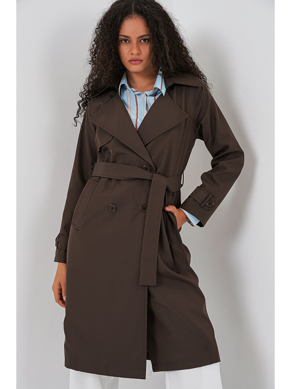 5918 Kruvaze Yaka Trençkot - C. Kahverengi-3