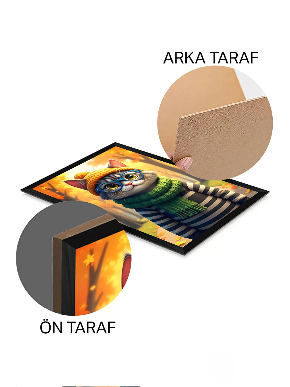 Beyaz Tek Parça Siyah Çerçeve Görünümlü Kedi Baskılı MDF 20x30 cm Tablo - Model 18-1