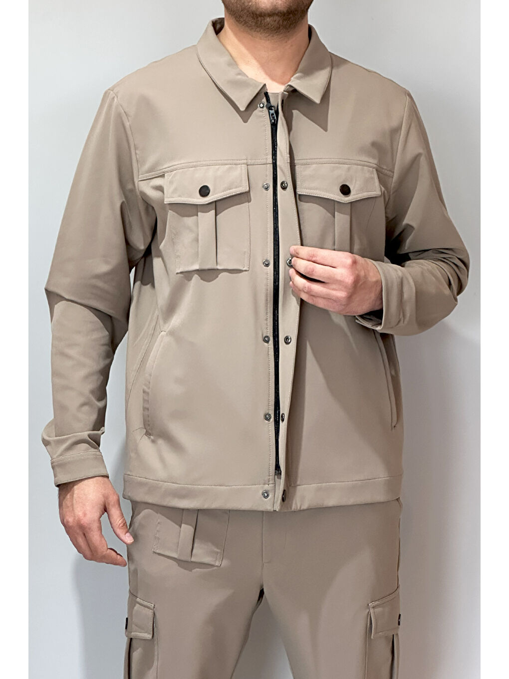 Erkek Modern Fermuarlı Üst 24720 Bej-1