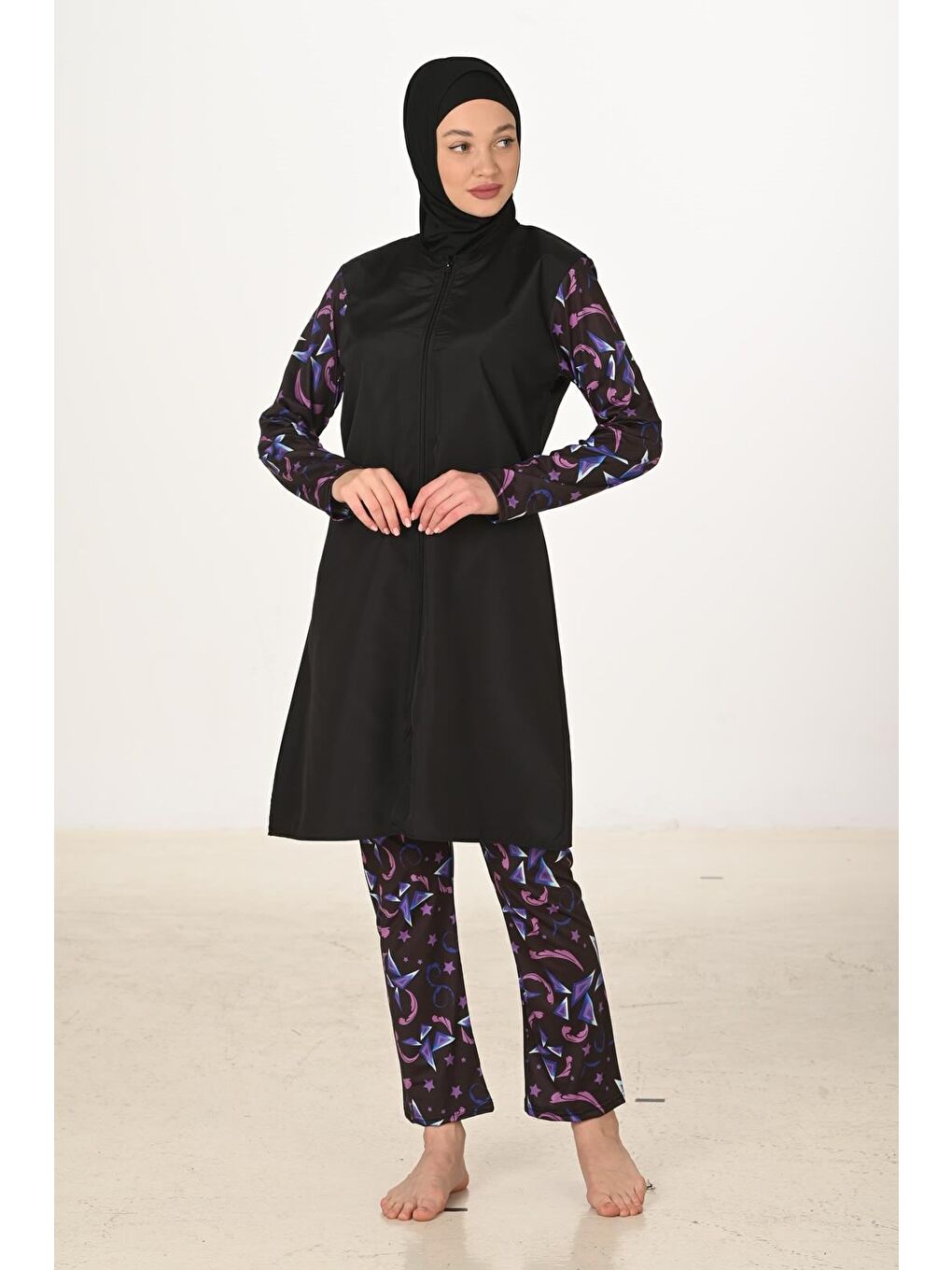 Siyah Tam Kapalı Desenli Paraşüt Kumaş Tesettür Mayo 3425
