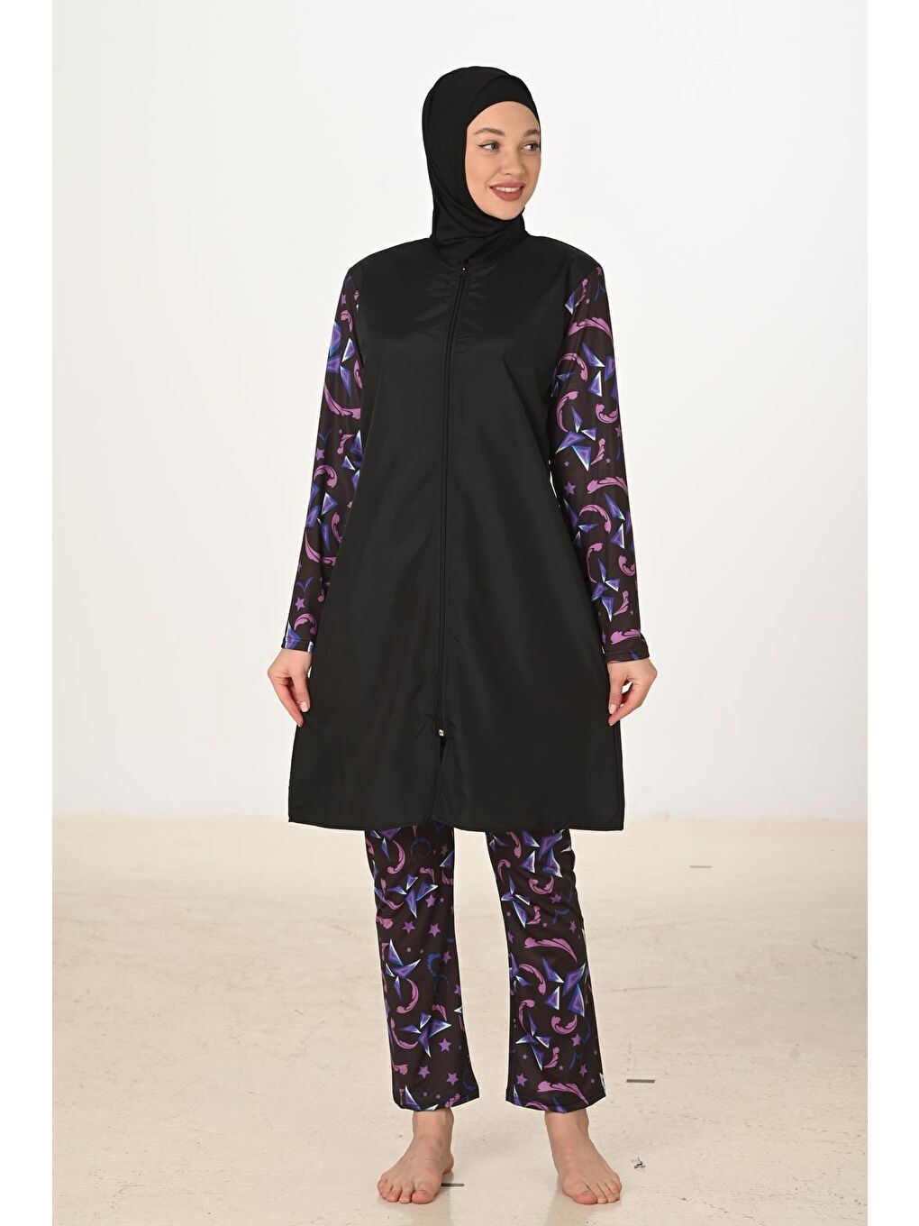 Siyah Tam Kapalı Desenli Paraşüt Kumaş Tesettür Mayo 3425-3