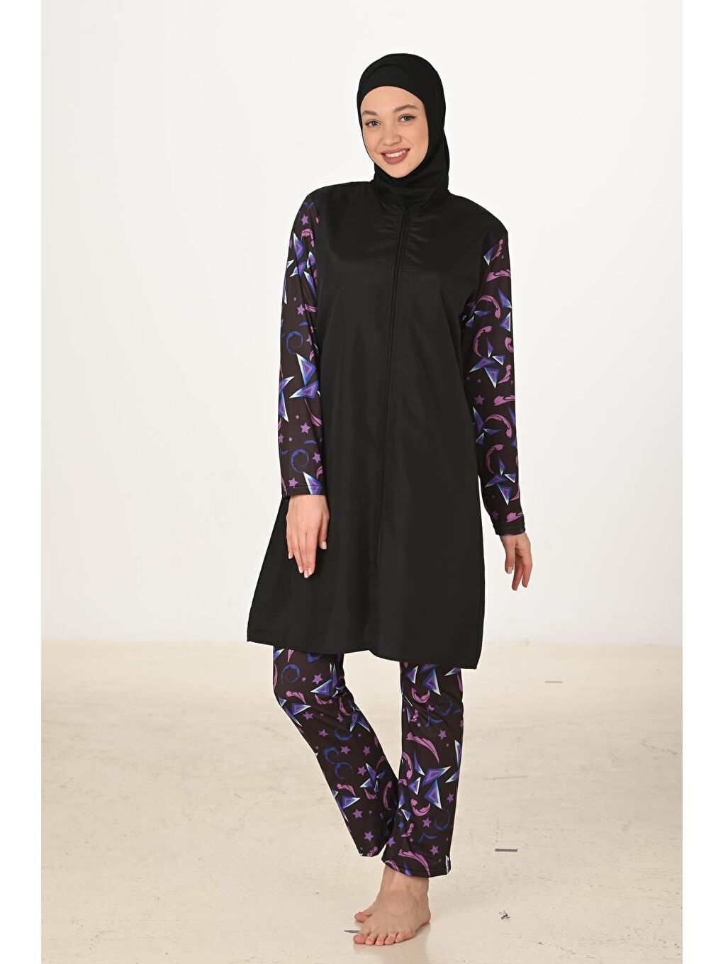 Siyah Tam Kapalı Desenli Paraşüt Kumaş Tesettür Mayo 3425-4
