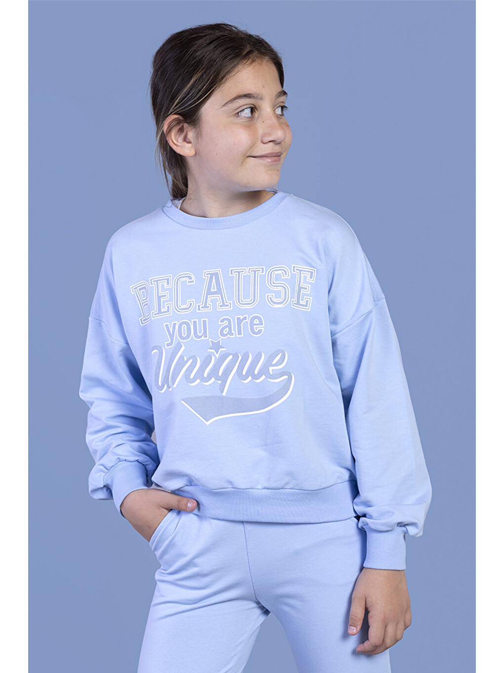Mavi Kız Çocuk Baskılı Düşük Kol Sweatshirt-1