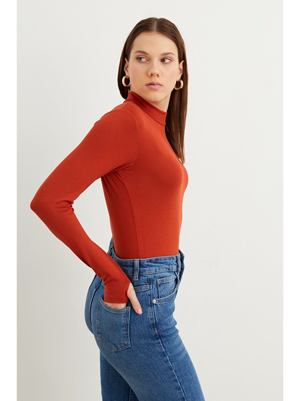 Kahverengi Kadın Kiremit Parmak Detaylı Body-4