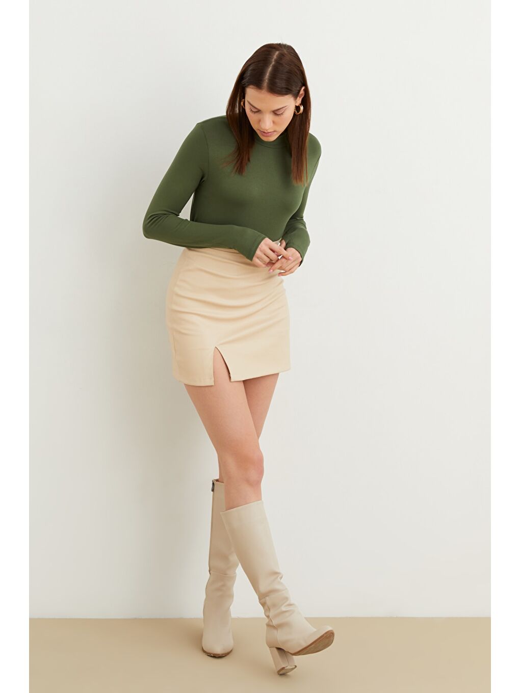 Kadın Haki Parmak Detaylı Body-3