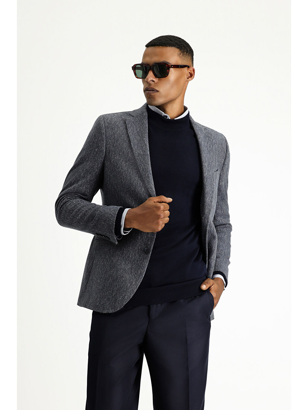 Lacivert Relaxed Fit Rahat Kesim Yünlü Klasik Desenli Ceket-1