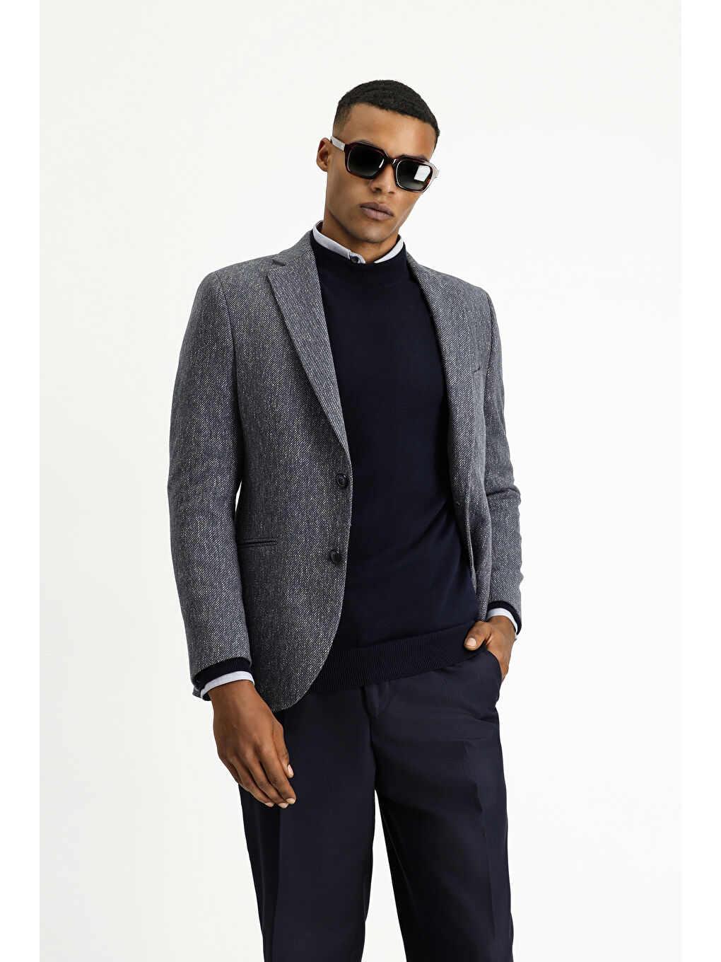 Lacivert Relaxed Fit Rahat Kesim Yünlü Klasik Desenli Ceket-2