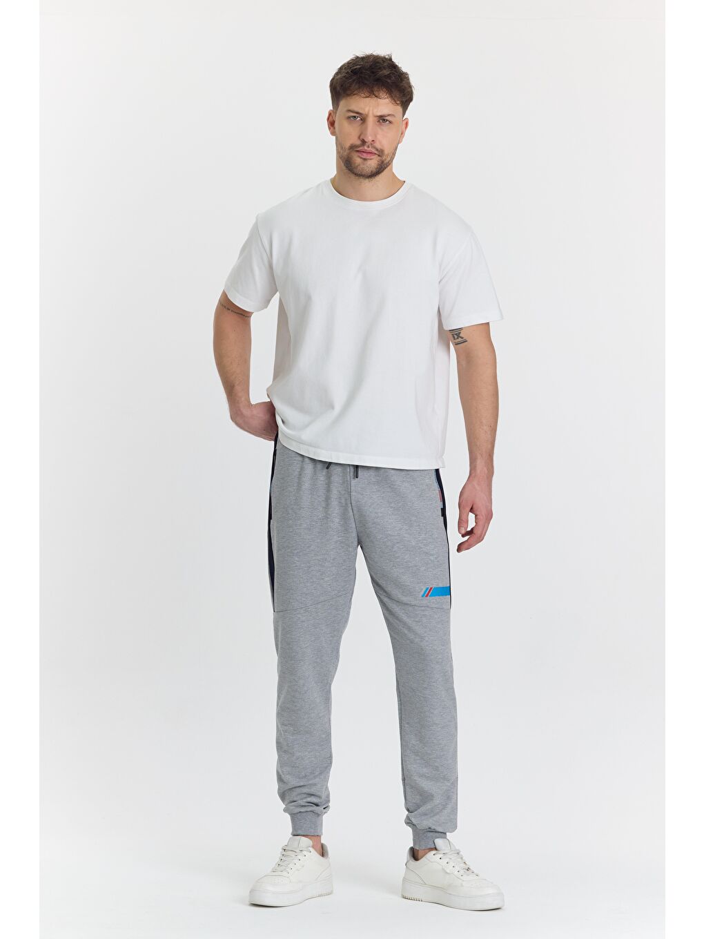 Erkek Pamuklu Baskılı Eşofman Altı Gri Melanj 5425-G-3