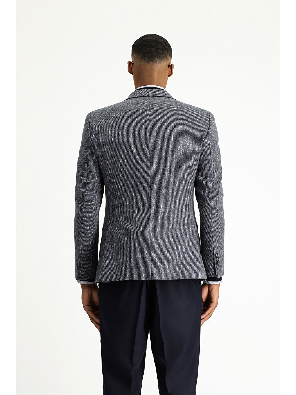 Lacivert Relaxed Fit Rahat Kesim Yünlü Klasik Desenli Ceket-3