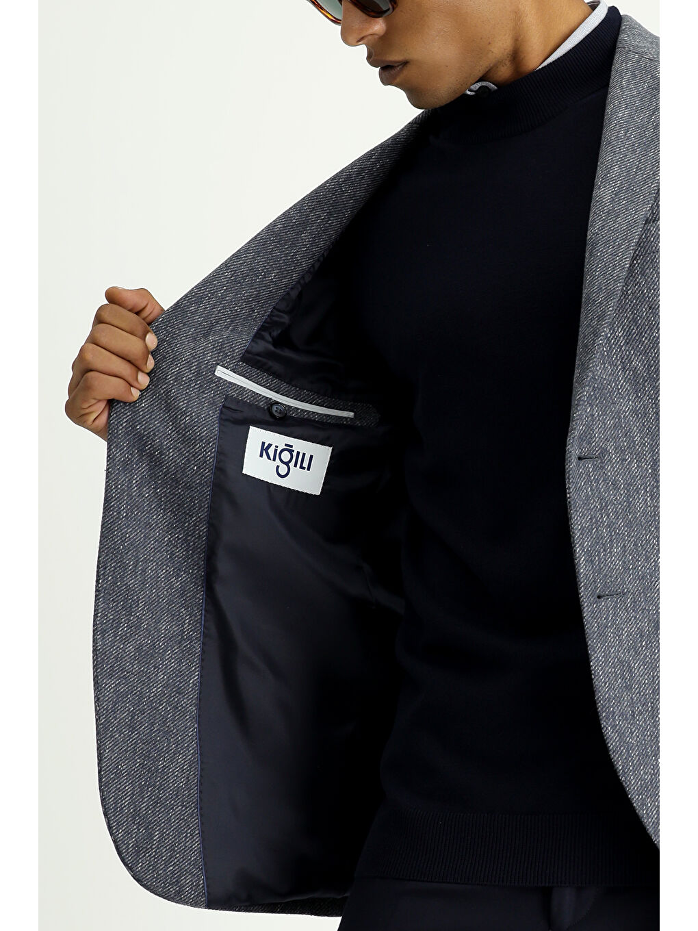 Lacivert Relaxed Fit Rahat Kesim Yünlü Klasik Desenli Ceket-4