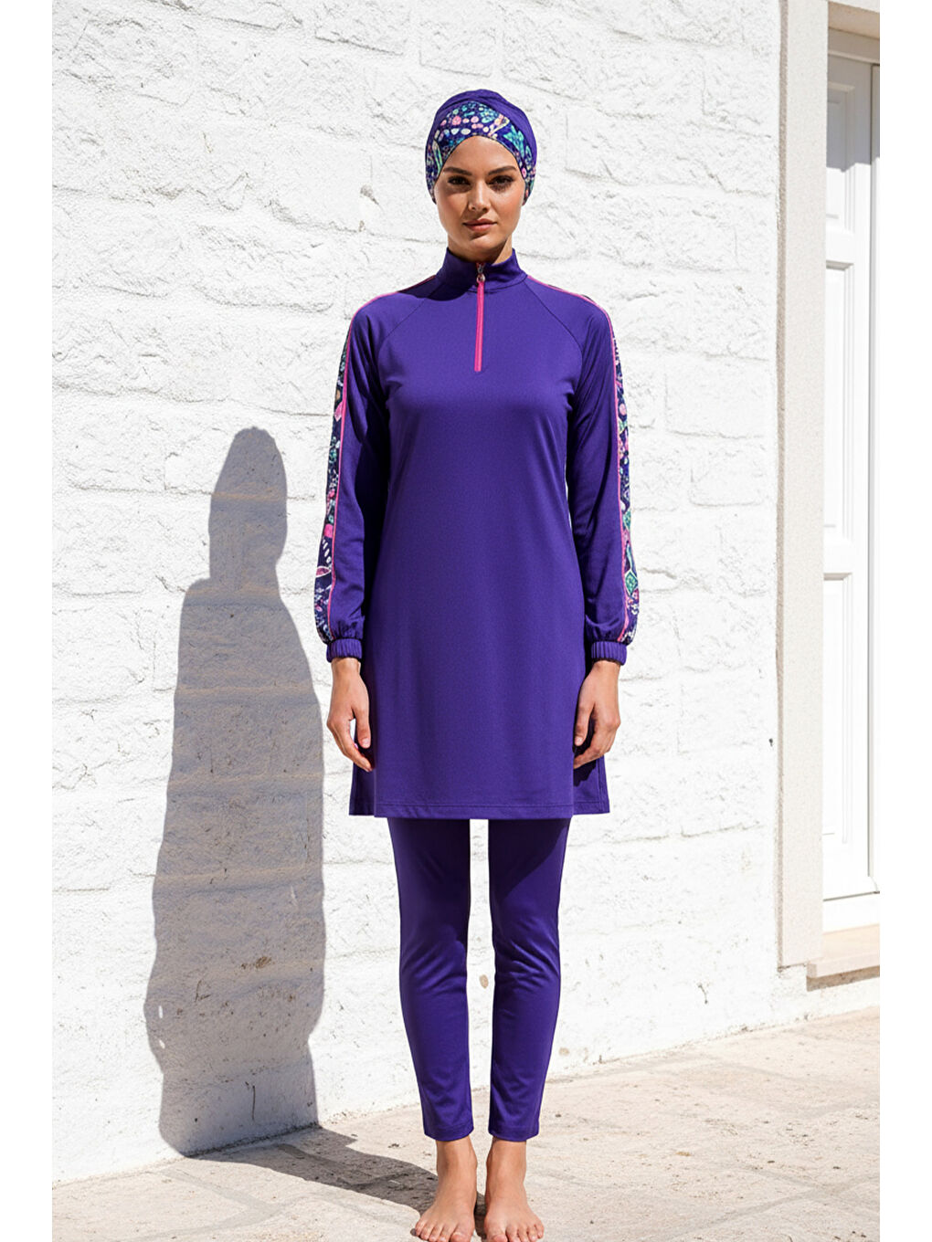 Mavi Tesettür Mayo 3’lü Tam Kapalı Kolları Desenli M2228