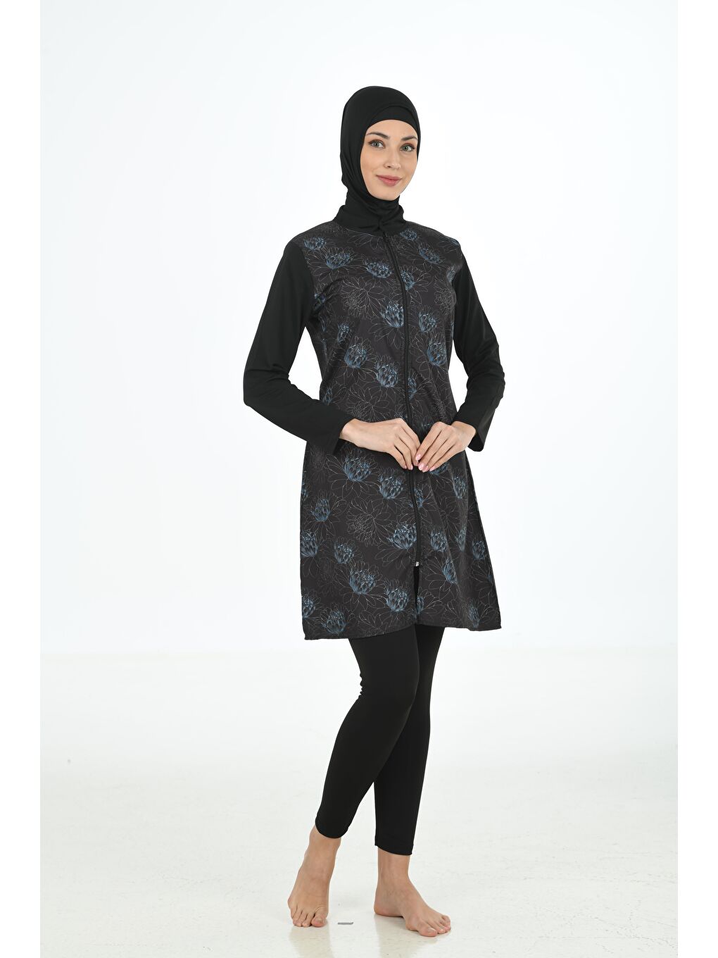 Siyah Tam Kapalı Desenli Paraşüt Kumaş Tesettür Mayo 3362-1