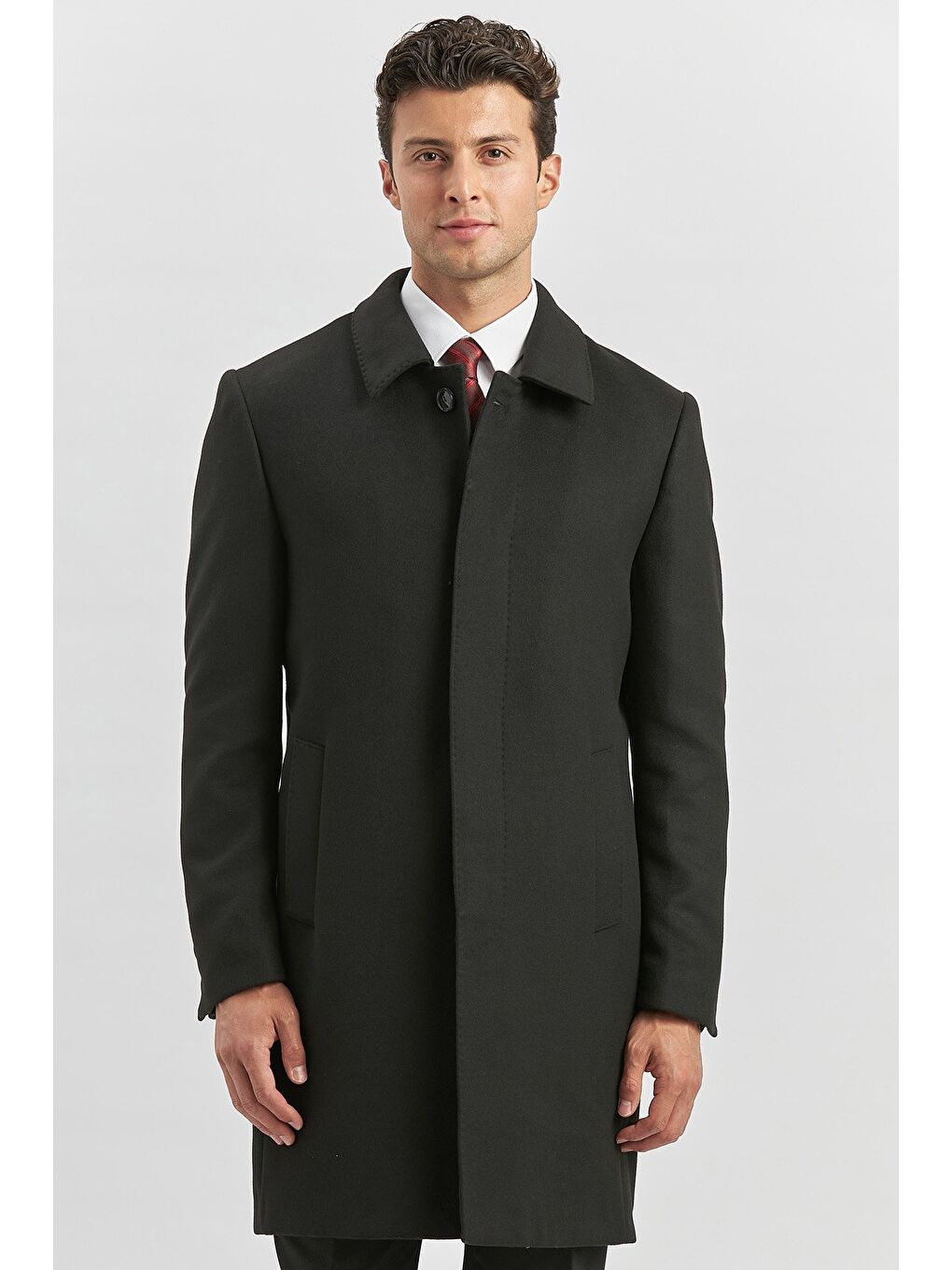 Siyah Kaşe Berberi Yaka Yırtmaçlı Kapitoneli Astar Comfort Fit Rahat Kesim Palto 1005245152-2