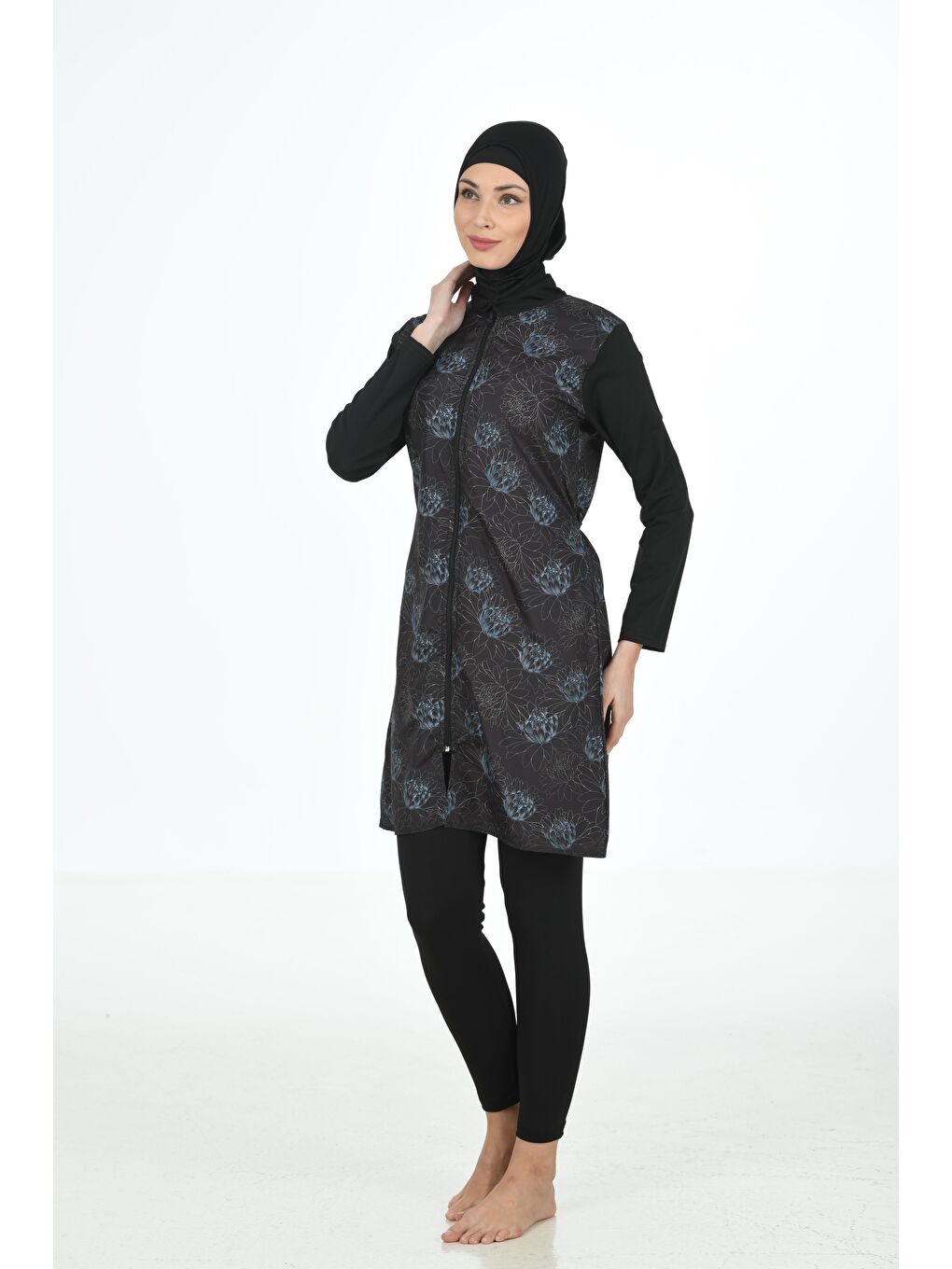 Siyah Tam Kapalı Desenli Paraşüt Kumaş Tesettür Mayo 3362-2