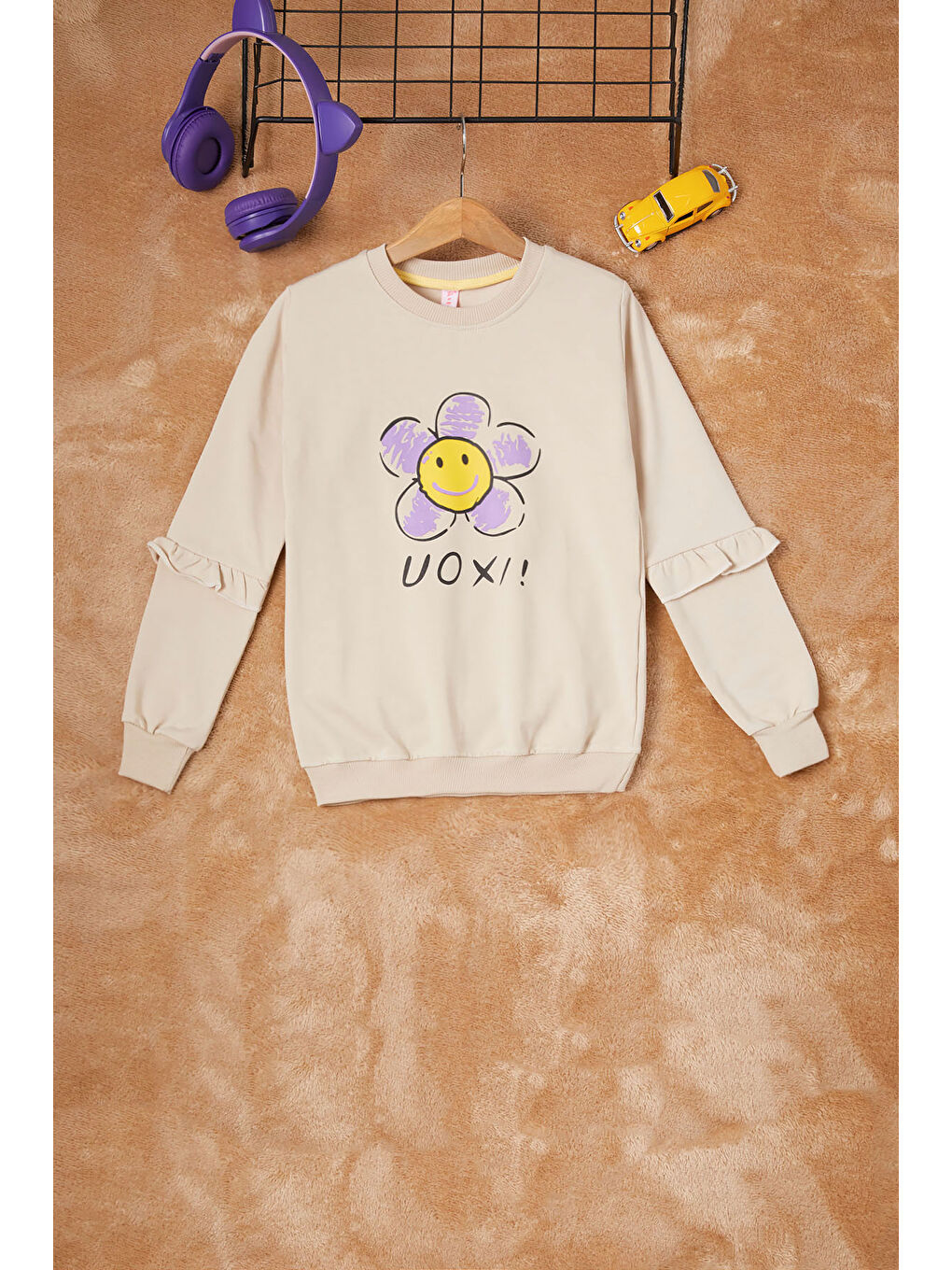 Pembe Life Kids Club Ekru Krem Papatya Baskılı Kız Çocuk Sweatshirt 16614