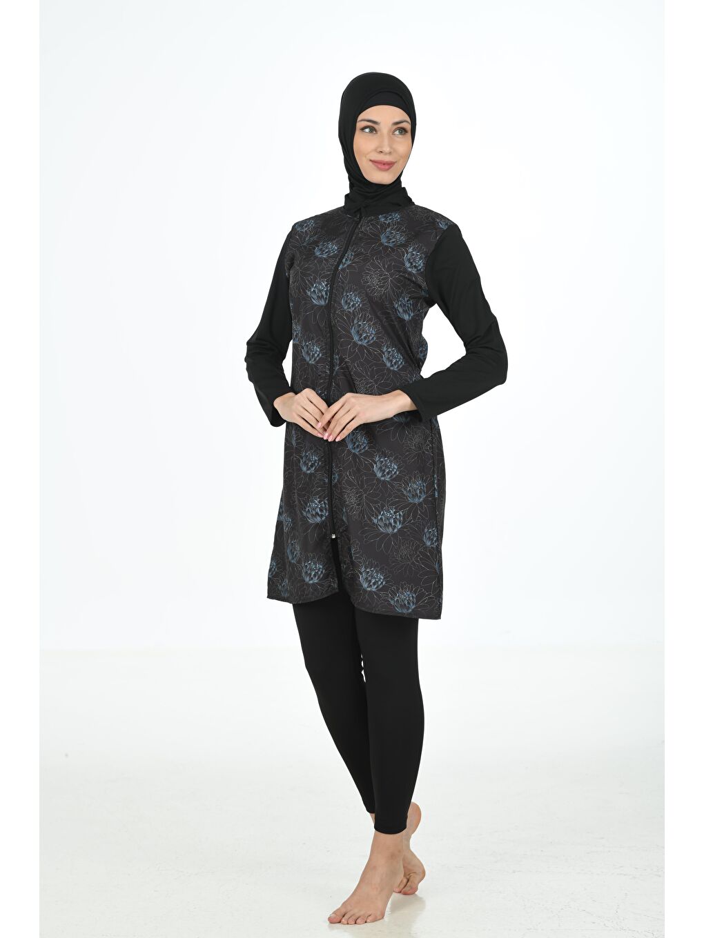 Siyah Tam Kapalı Desenli Paraşüt Kumaş Tesettür Mayo 3362-3