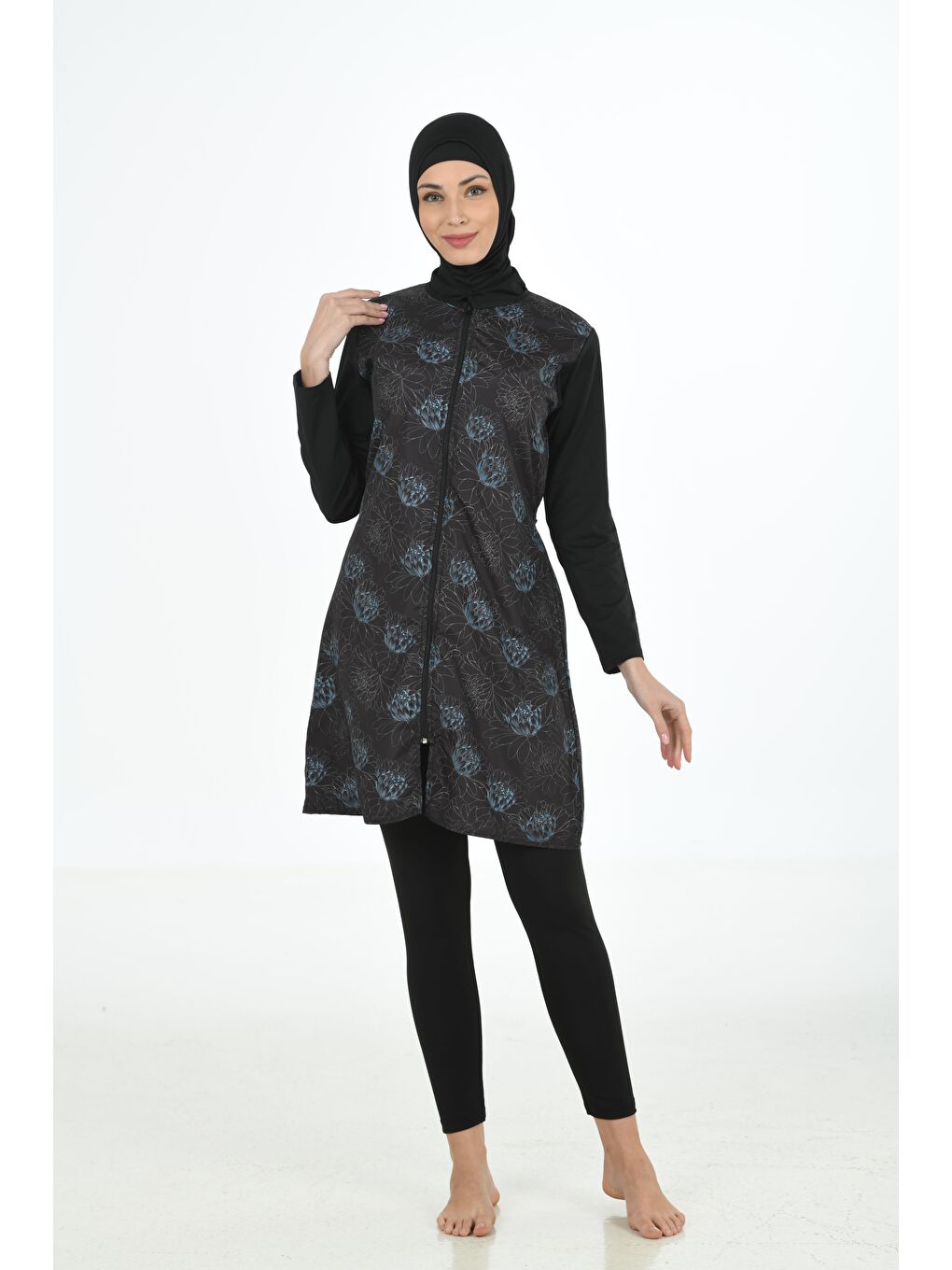 Siyah Tam Kapalı Desenli Paraşüt Kumaş Tesettür Mayo 3362-4