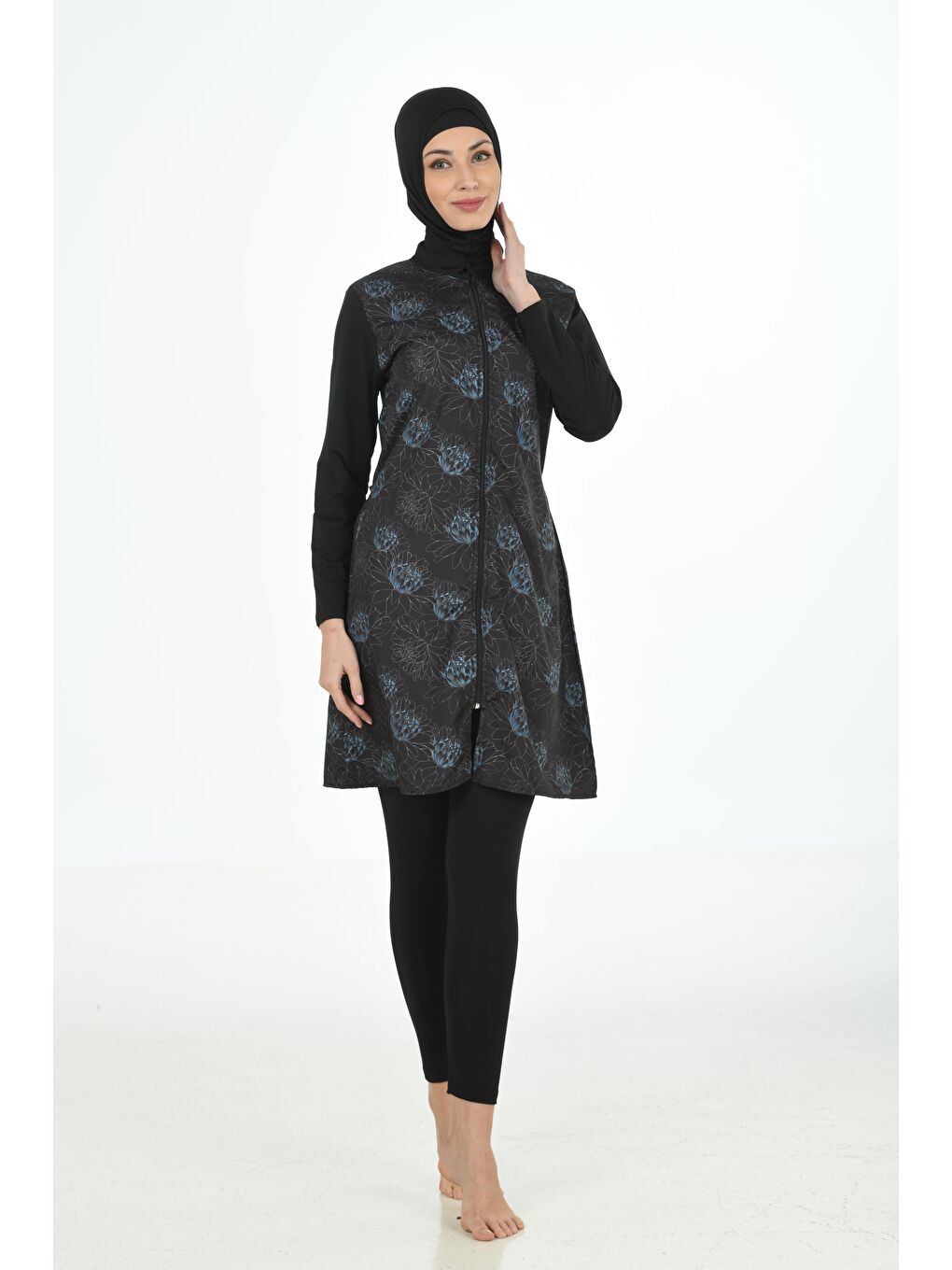 Siyah Tam Kapalı Desenli Paraşüt Kumaş Tesettür Mayo 3362-5