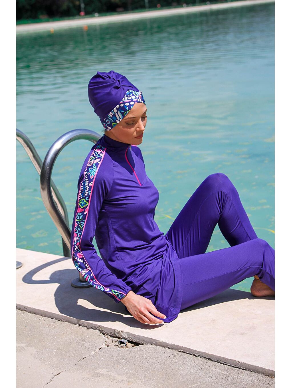 Mavi Tesettür Mayo 3’lü Tam Kapalı Kolları Desenli M2228-2