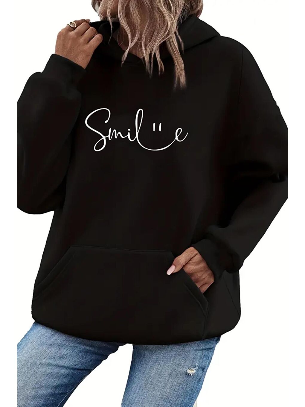 Siyah Ön Yazı Baskılı İçi Pamuklu Unisex Sweatshirt