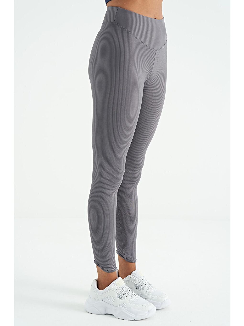 Koyu Gri Biye Detaylı Yüksek Bel Slim Fit Fitilli Kadın Tayt - 94643-4