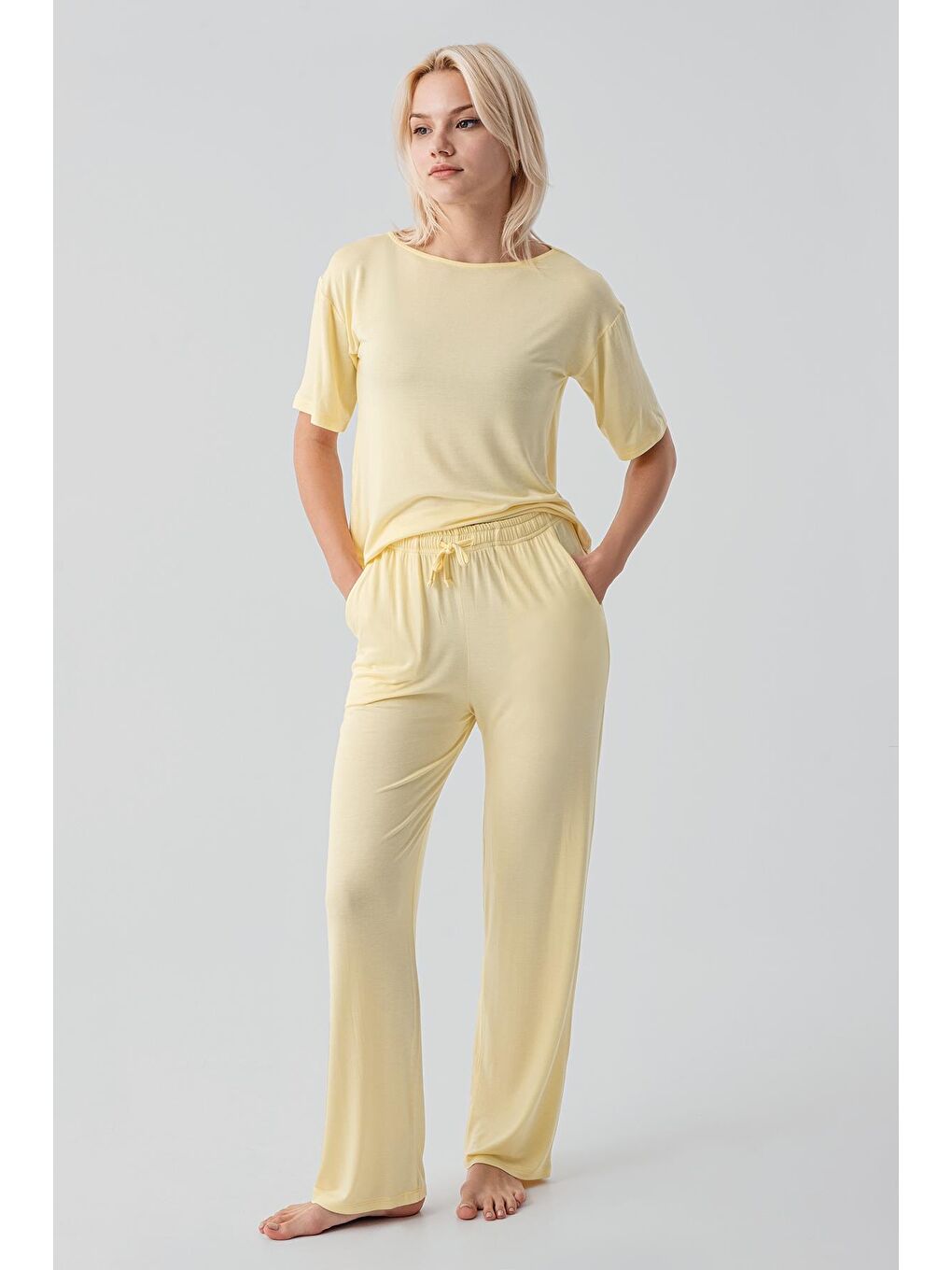 Sarı Kısa Kollu Basic Esnek Elastanlı Viskoz Soft Pijama Takım 18215