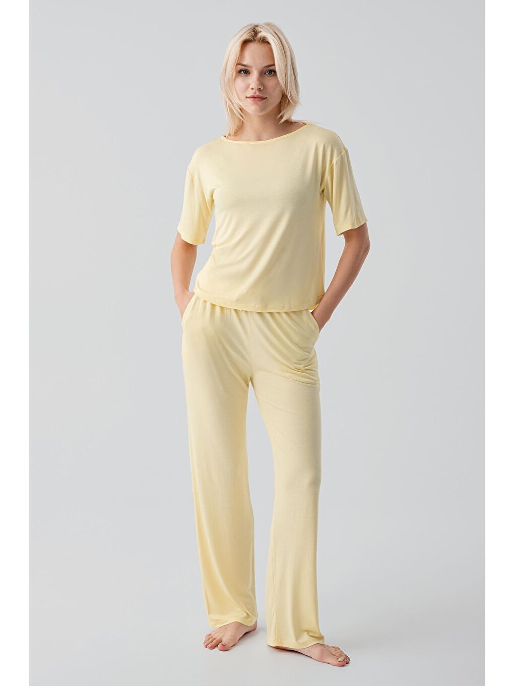 Sarı Kısa Kollu Basic Esnek Elastanlı Viskoz Soft Pijama Takım 18215-1