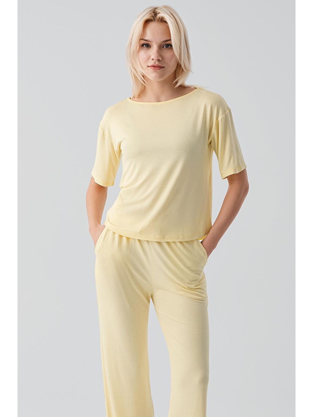 Sarı Kısa Kollu Basic Esnek Elastanlı Viskoz Soft Pijama Takım 18215-2