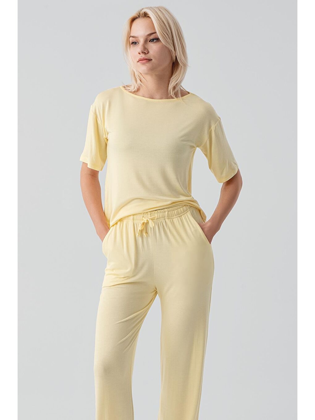Sarı Kısa Kollu Basic Esnek Elastanlı Viskoz Soft Pijama Takım 18215-3
