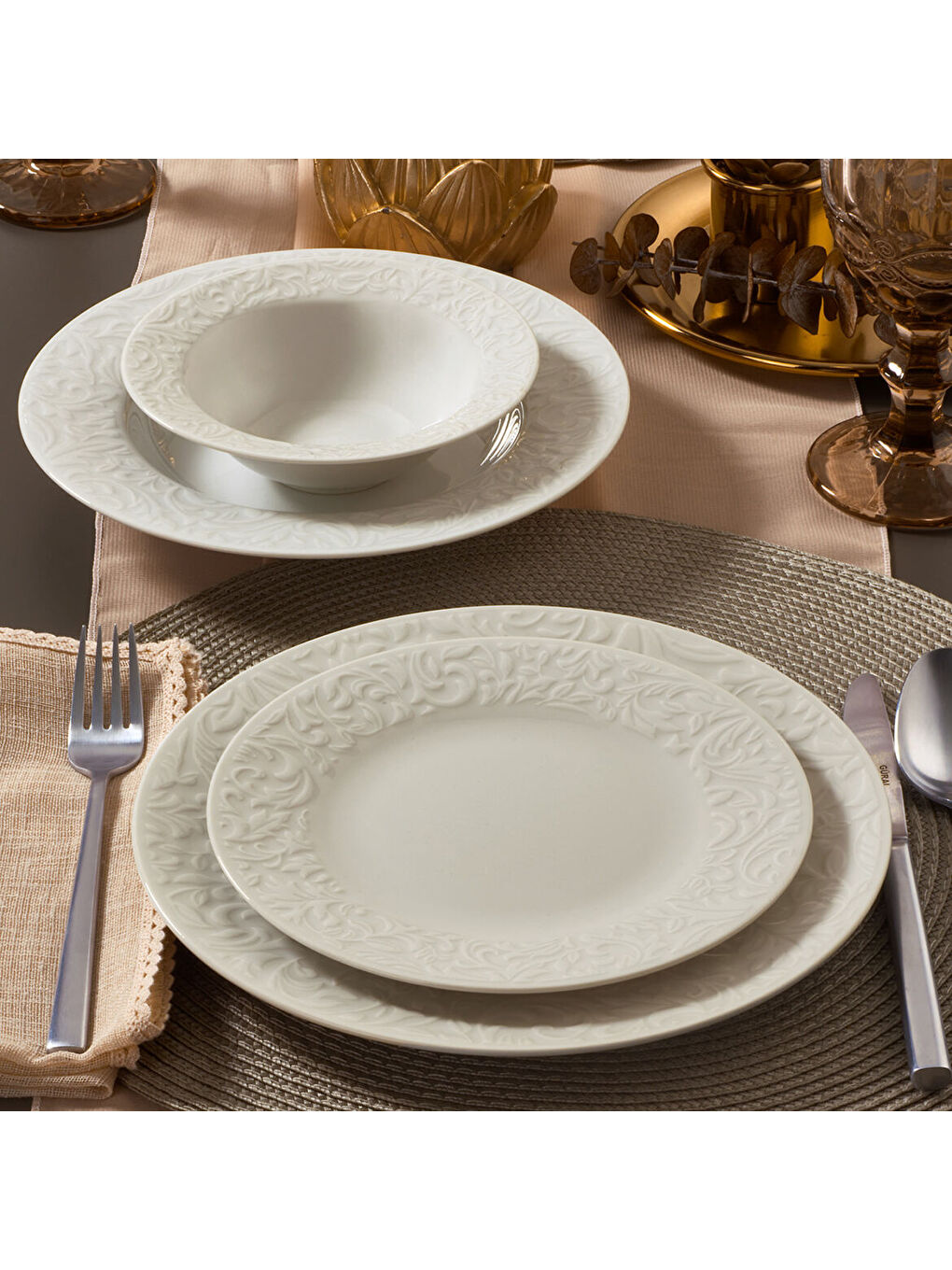 Ekru Bronte Bone 24 Parça 6 Kişilik Yemek Takımı