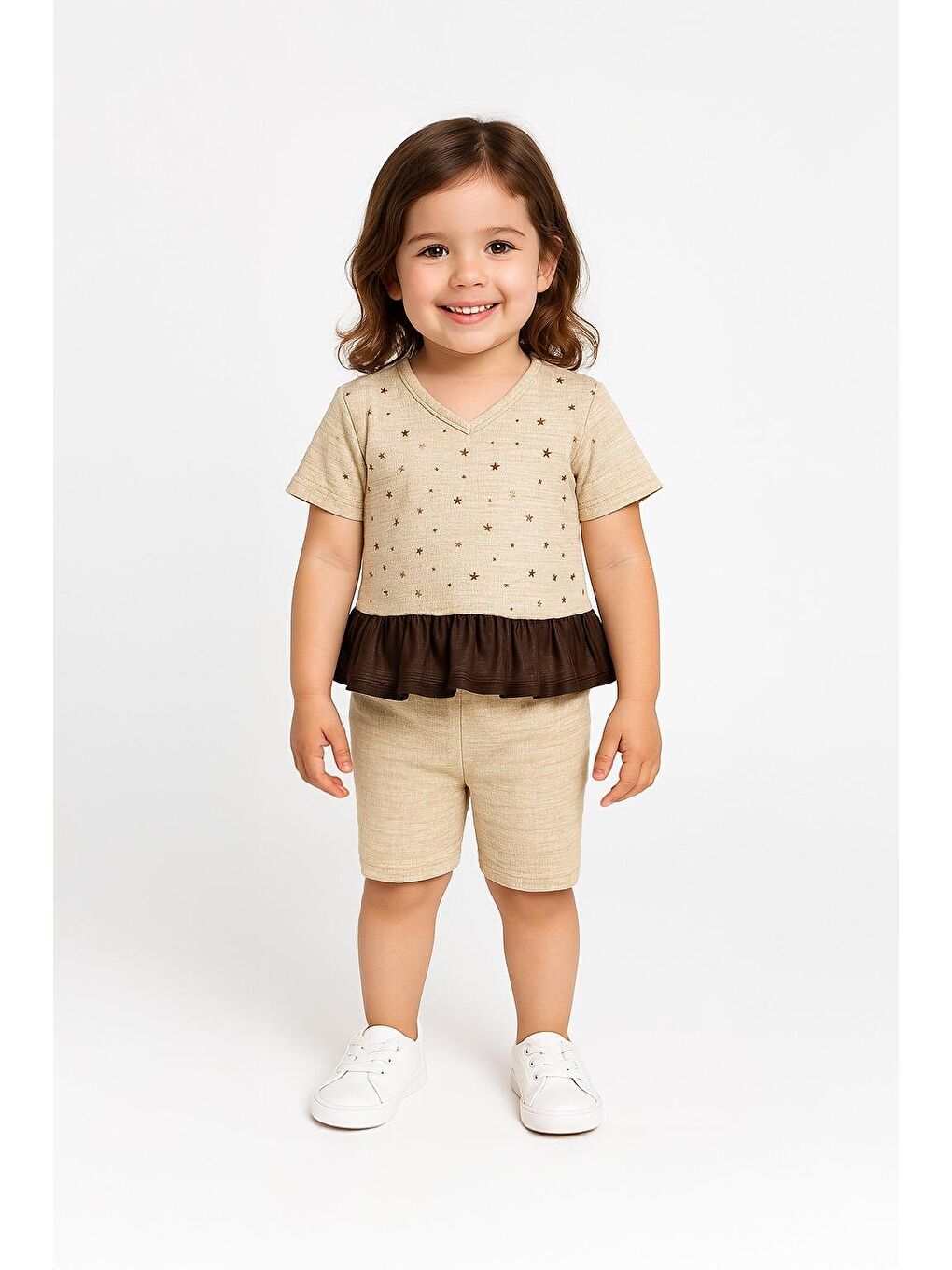 Bej Kız Çocuk Varak Baskılı Tül Detaylı Bluz Tayt Takım (2Yaş-7Yaş)