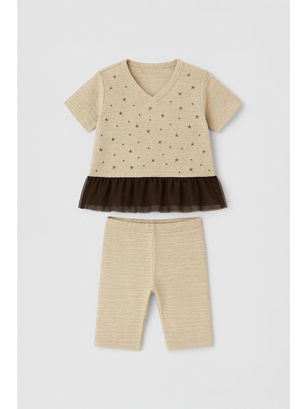 Bej Kız Çocuk Varak Baskılı Tül Detaylı Bluz Tayt Takım (2Yaş-7Yaş)-1