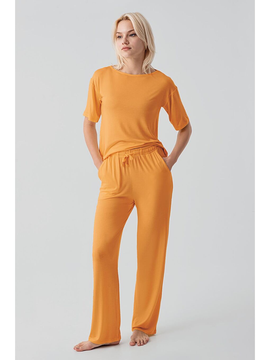 Turuncu Kısa Kollu Basic Esnek Elastanlı Viskoz Soft Pijama Takım 18215-1