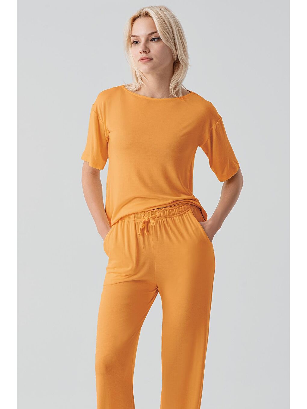 Turuncu Kısa Kollu Basic Esnek Elastanlı Viskoz Soft Pijama Takım 18215-2
