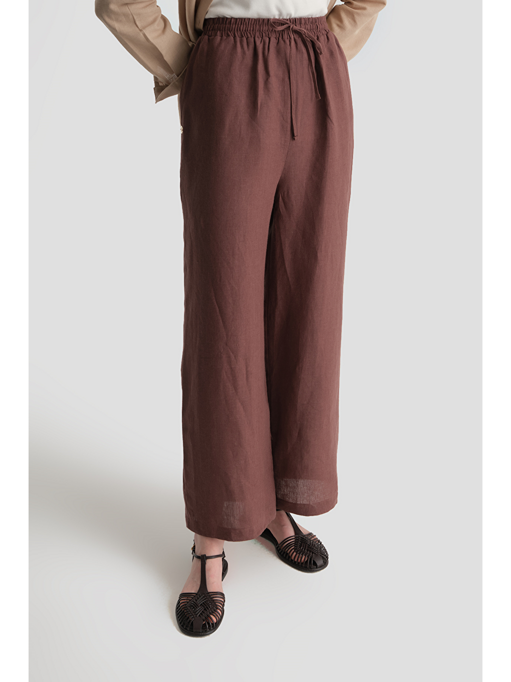 Keten Palazzo Pantolon Kahverengi-3