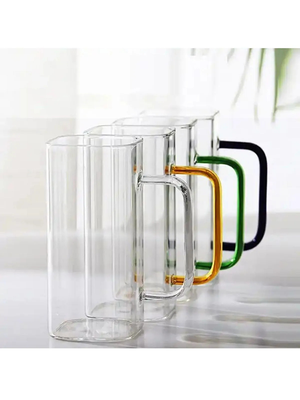 Gri Kare Cam Füme Kulplu Meşrubat Süt Su Bardağı 350 ml 3 Adet-2