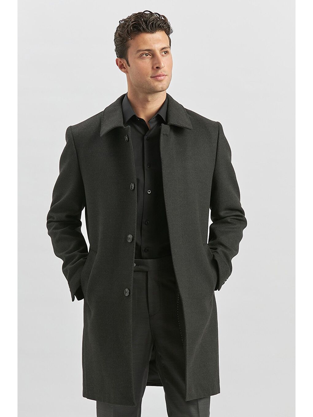 Koyu Antrasit Kaşe Berberi Yaka Yırtmaçlı Kapitoneli Astar Comfort Fit Rahat Kesim Palto 1005245152-3