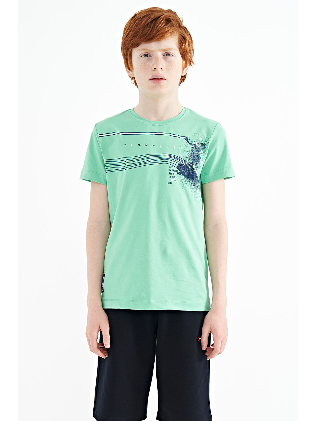 Turkuaz Su Yeşili Baskı Detaylı Standart Kalıp O Yaka Erkek Çocuk Tişört - 11133