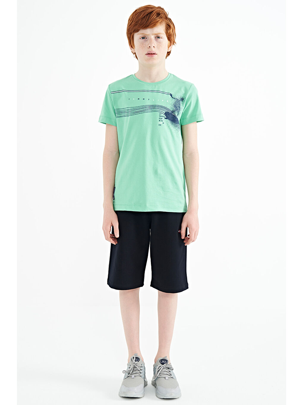 Turkuaz Su Yeşili Baskı Detaylı Standart Kalıp O Yaka Erkek Çocuk Tişört - 11133-1