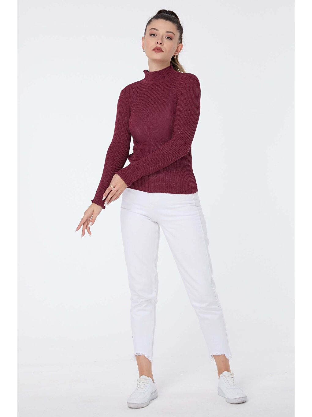 Yarım Balıkçı Yaka Kadın Bordo Triko Kazak - 23538-1